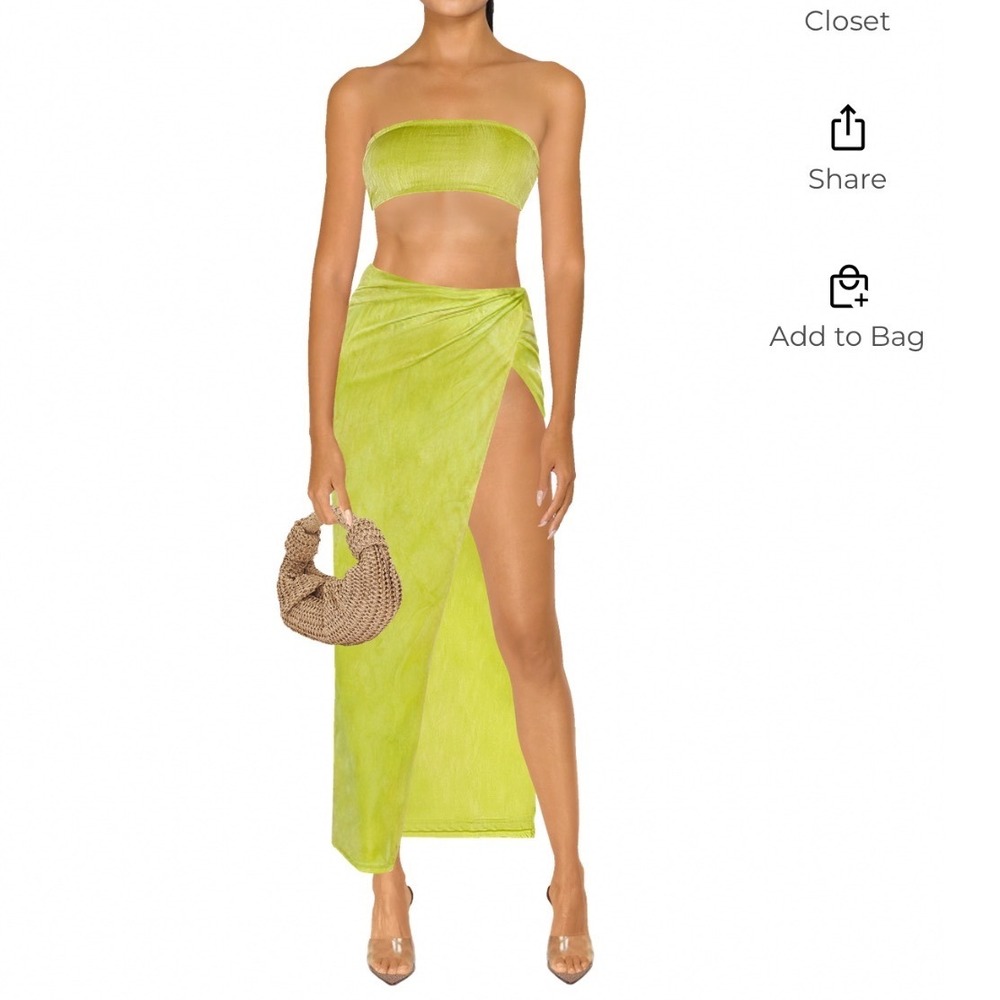 Superdown Karolya Lime Green Shimmer Draped Maxi Skirt with High Side Slit Med.